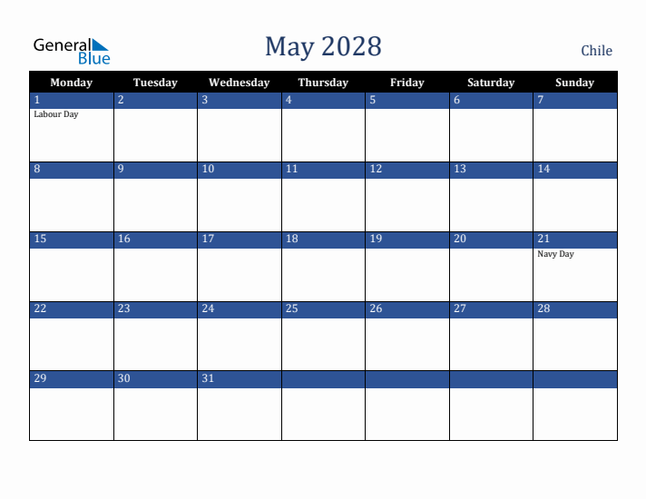 May 2028 Chile Calendar (Monday Start)