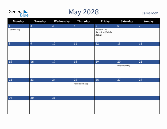 May 2028 Cameroon Calendar (Monday Start)
