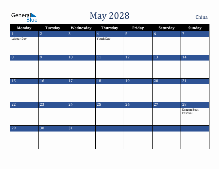 May 2028 China Calendar (Monday Start)