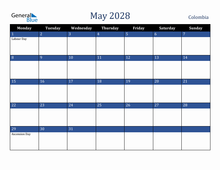 May 2028 Colombia Calendar (Monday Start)