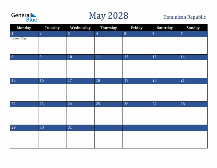 May 2028 Dominican Republic Calendar (Monday Start)