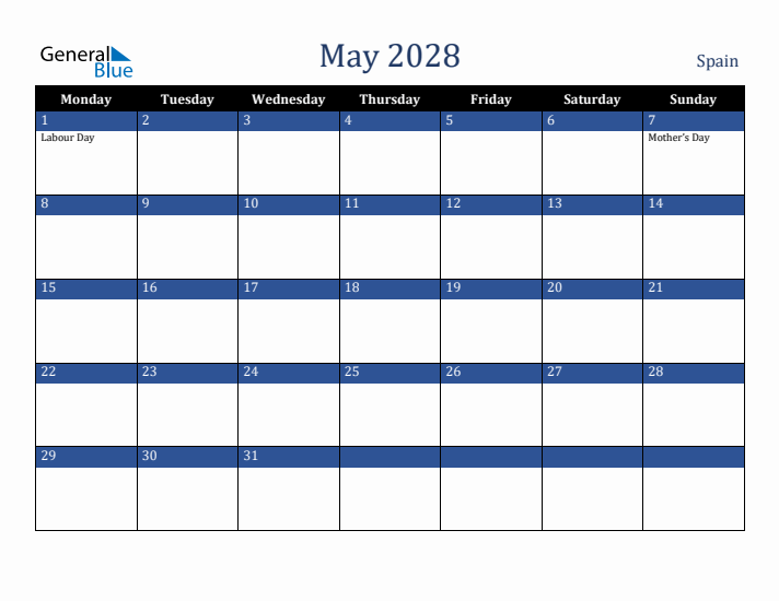 May 2028 Spain Calendar (Monday Start)