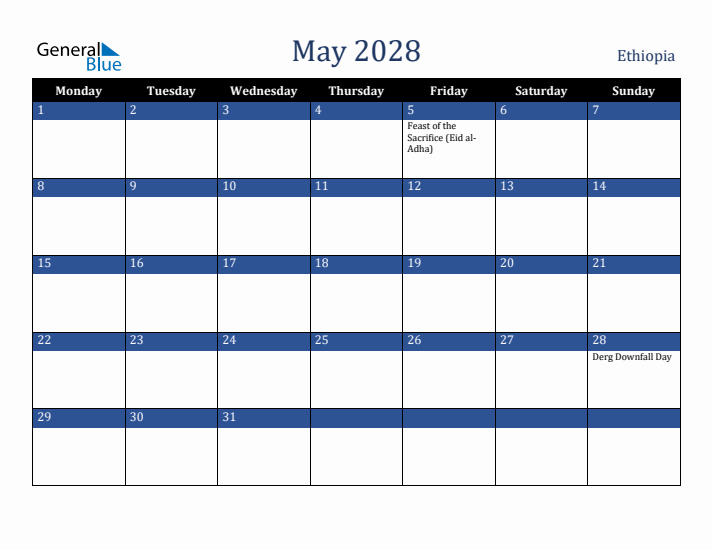 May 2028 Ethiopia Calendar (Monday Start)