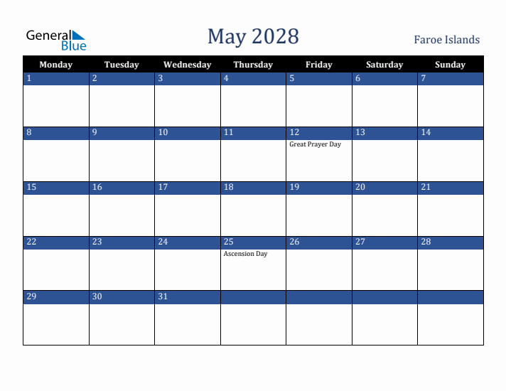 May 2028 Faroe Islands Calendar (Monday Start)