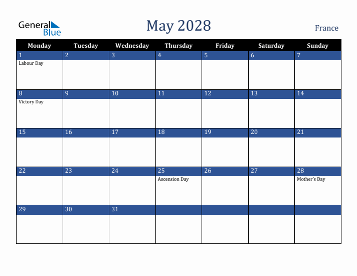 May 2028 France Calendar (Monday Start)