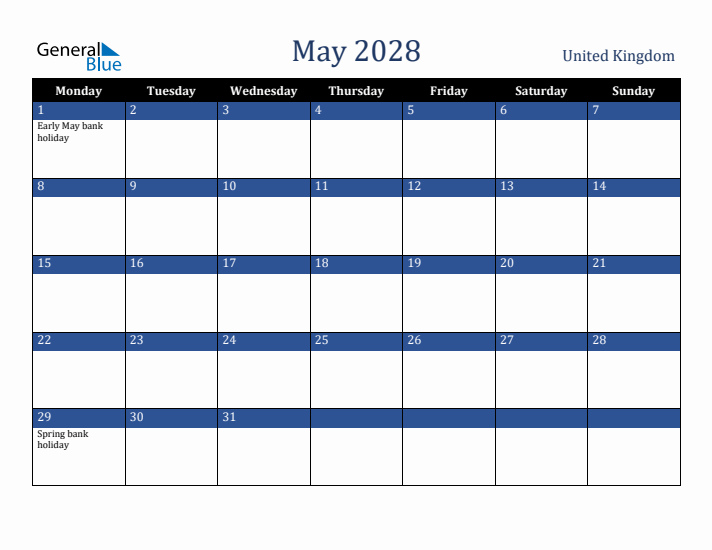 May 2028 United Kingdom Calendar (Monday Start)
