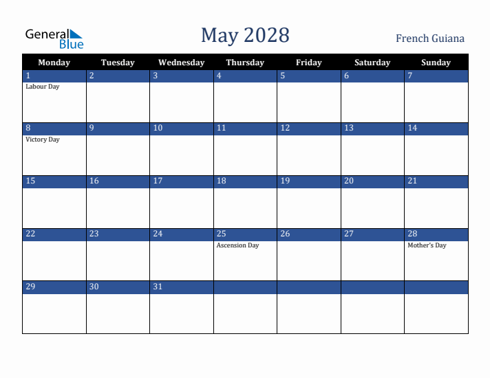 May 2028 French Guiana Calendar (Monday Start)