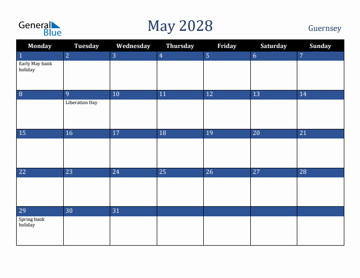 May 2028 Guernsey Calendar (Monday Start)