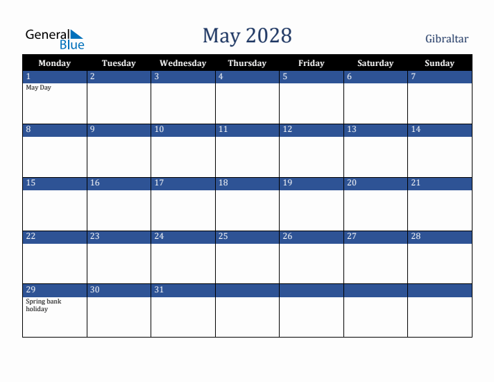 May 2028 Gibraltar Calendar (Monday Start)