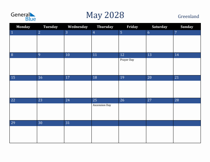 May 2028 Greenland Calendar (Monday Start)
