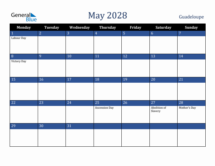 May 2028 Guadeloupe Calendar (Monday Start)