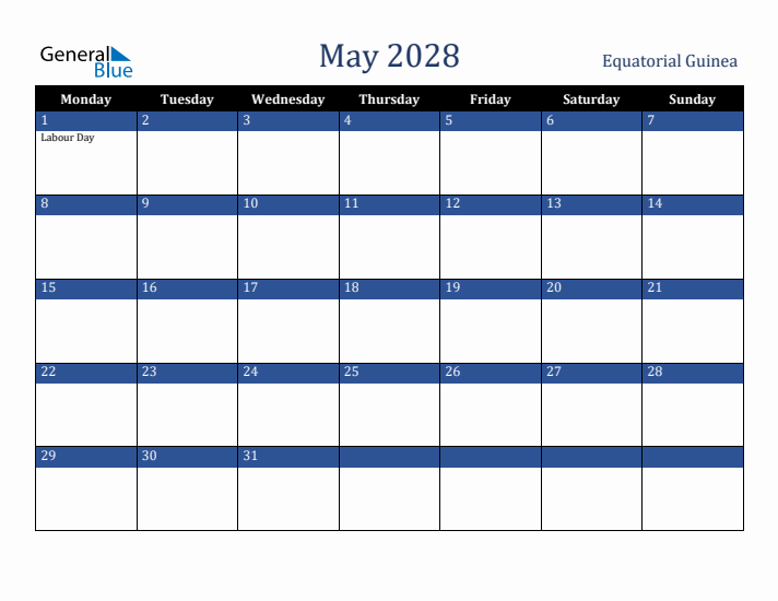 May 2028 Equatorial Guinea Calendar (Monday Start)