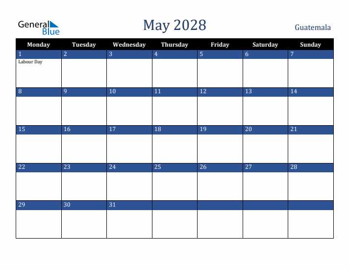 May 2028 Guatemala Calendar (Monday Start)