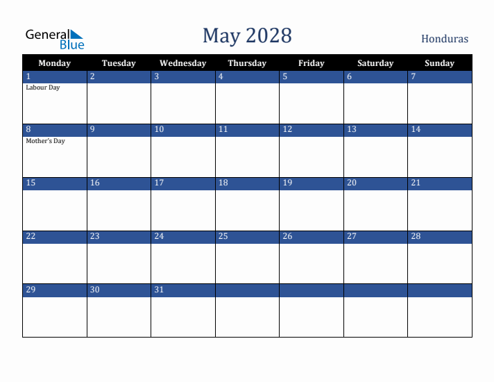 May 2028 Honduras Calendar (Monday Start)