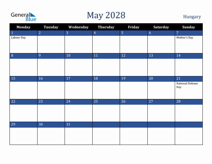 May 2028 Hungary Calendar (Monday Start)