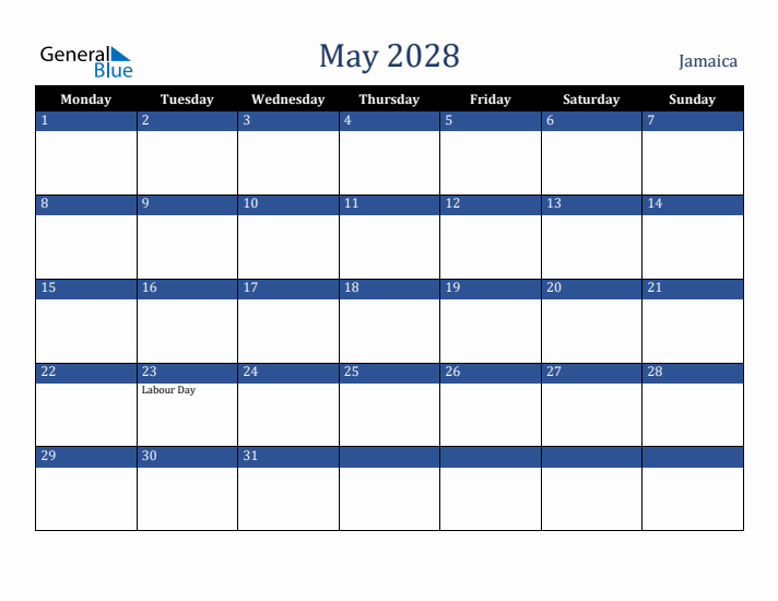 May 2028 Jamaica Calendar (Monday Start)