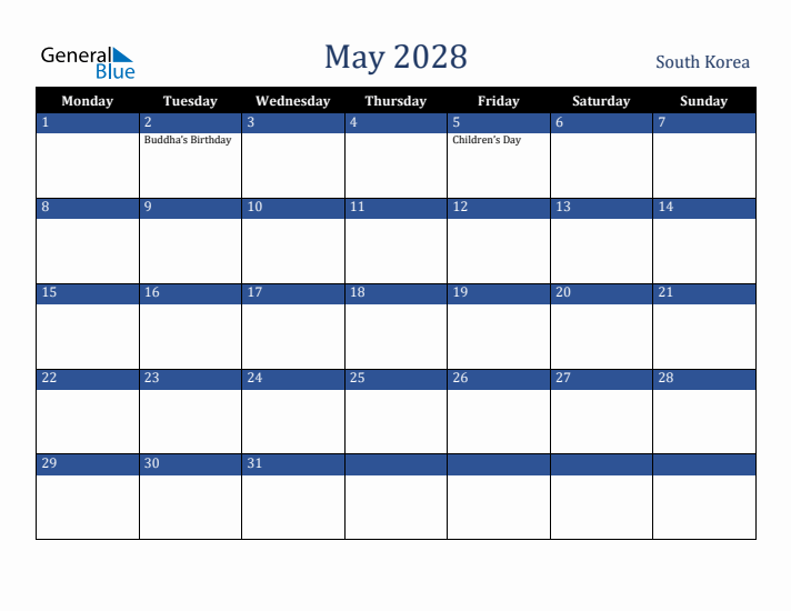 May 2028 South Korea Calendar (Monday Start)