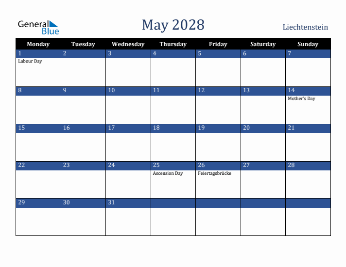 May 2028 Liechtenstein Calendar (Monday Start)