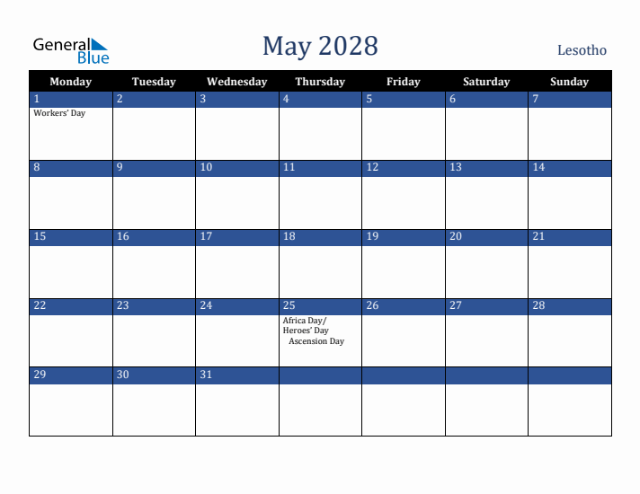 May 2028 Lesotho Calendar (Monday Start)