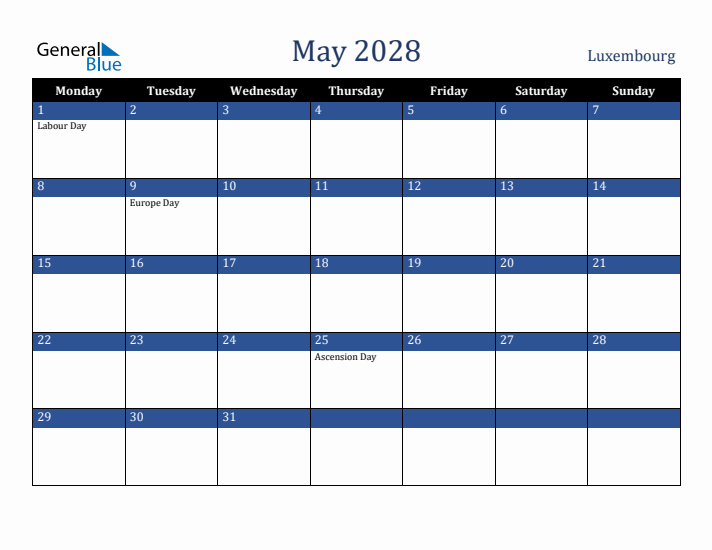 May 2028 Luxembourg Calendar (Monday Start)