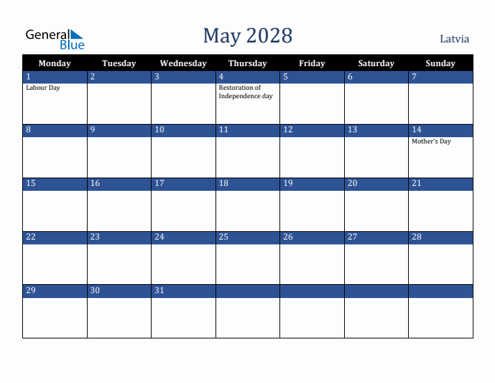 May 2028 Latvia Calendar (Monday Start)