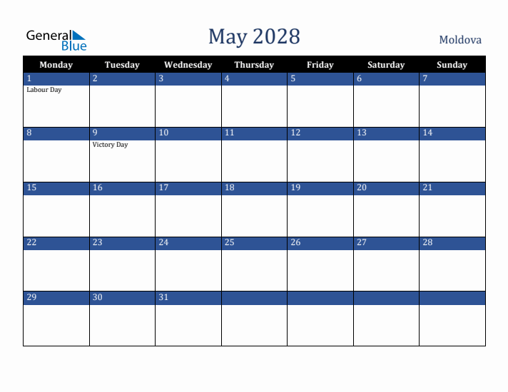 May 2028 Moldova Calendar (Monday Start)