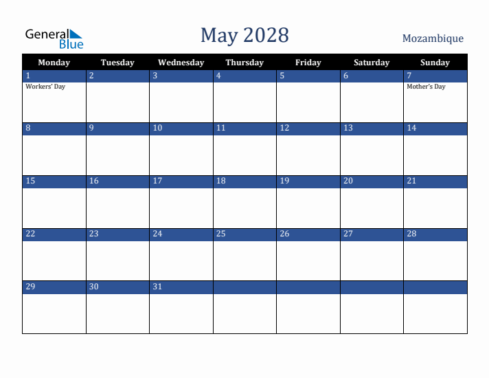 May 2028 Mozambique Calendar (Monday Start)