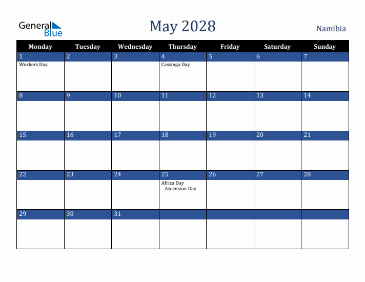 May 2028 Namibia Calendar (Monday Start)
