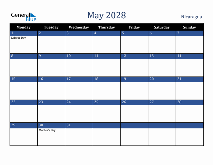 May 2028 Nicaragua Calendar (Monday Start)