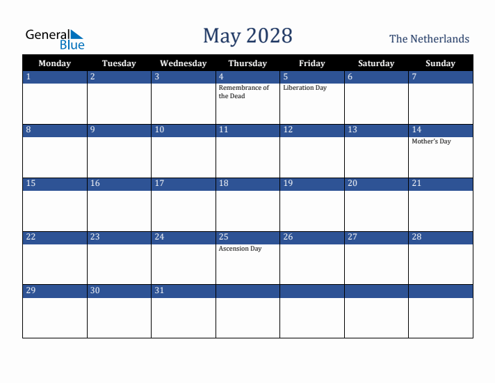 May 2028 The Netherlands Calendar (Monday Start)