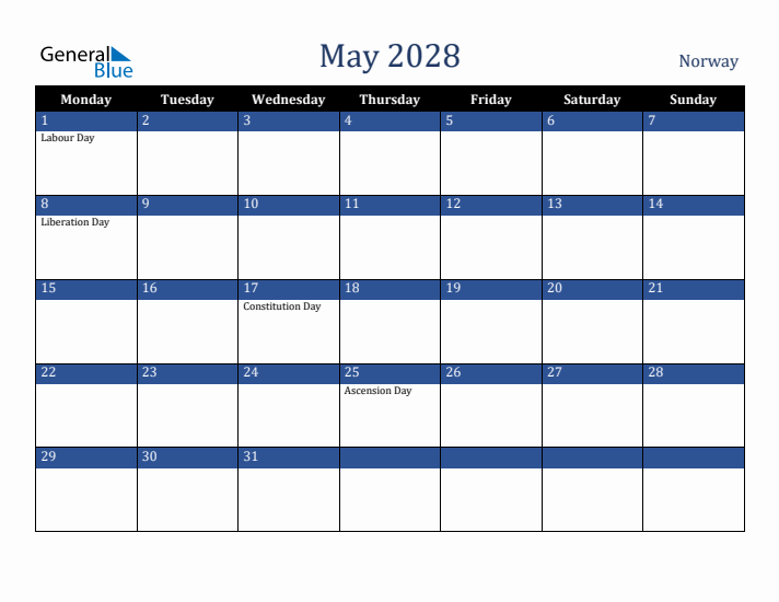 May 2028 Norway Calendar (Monday Start)