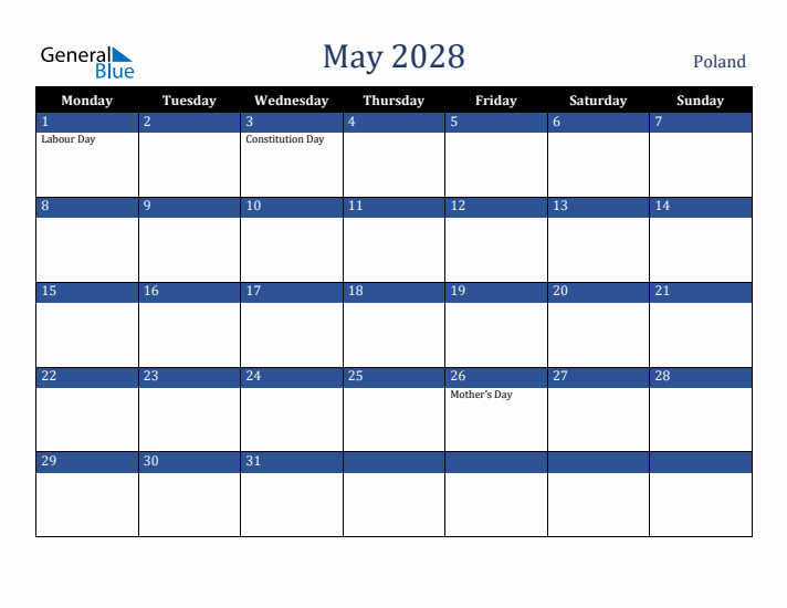 May 2028 Poland Calendar (Monday Start)