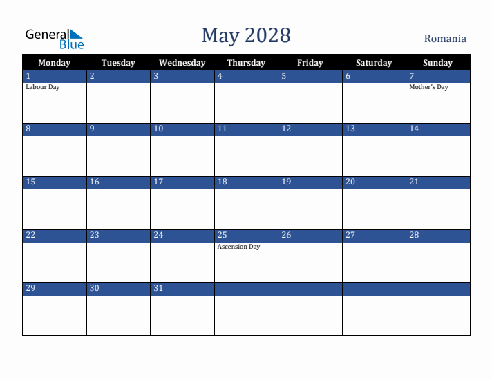 May 2028 Romania Calendar (Monday Start)