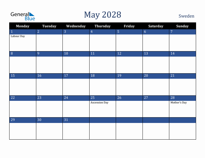 May 2028 Sweden Calendar (Monday Start)