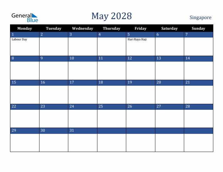 May 2028 Singapore Calendar (Monday Start)