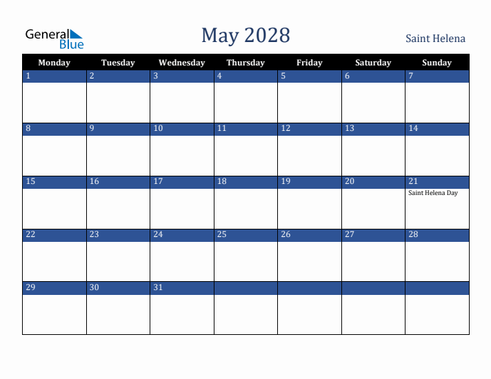 May 2028 Saint Helena Calendar (Monday Start)