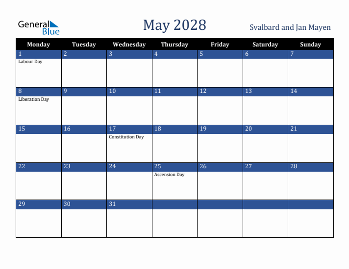May 2028 Svalbard and Jan Mayen Calendar (Monday Start)