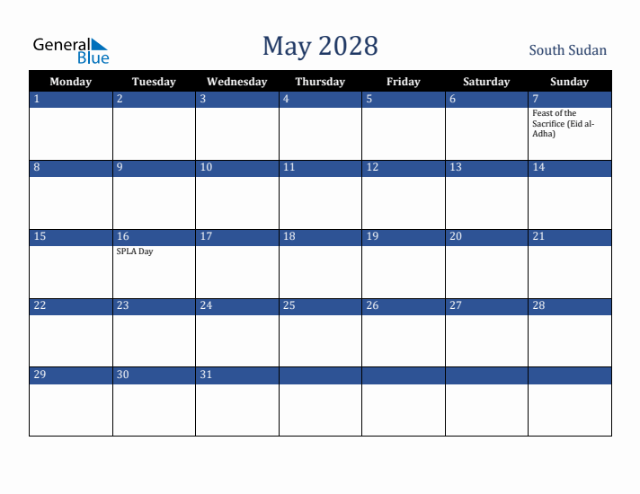 May 2028 South Sudan Calendar (Monday Start)