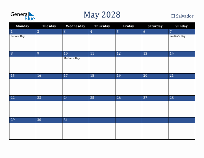 May 2028 El Salvador Calendar (Monday Start)