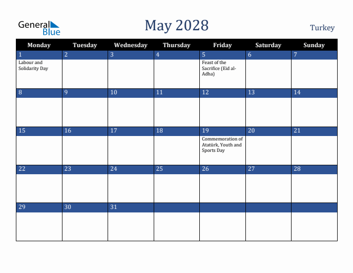 May 2028 Turkey Calendar (Monday Start)