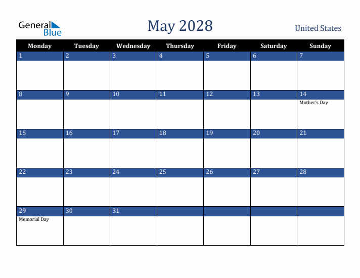 May 2028 United States Calendar (Monday Start)