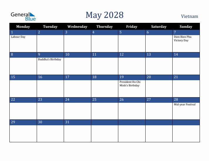 May 2028 Vietnam Calendar (Monday Start)
