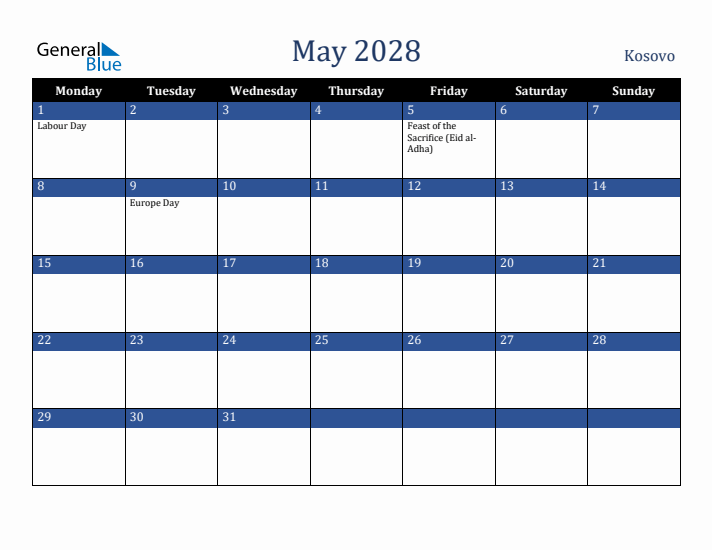 May 2028 Kosovo Calendar (Monday Start)