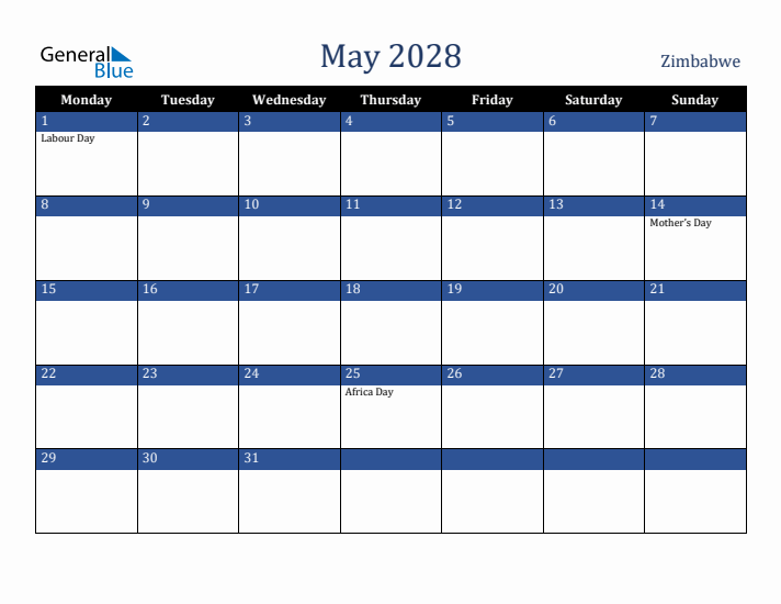 May 2028 Zimbabwe Calendar (Monday Start)