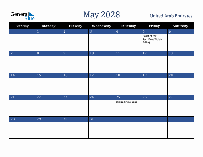 May 2028 United Arab Emirates Calendar (Sunday Start)