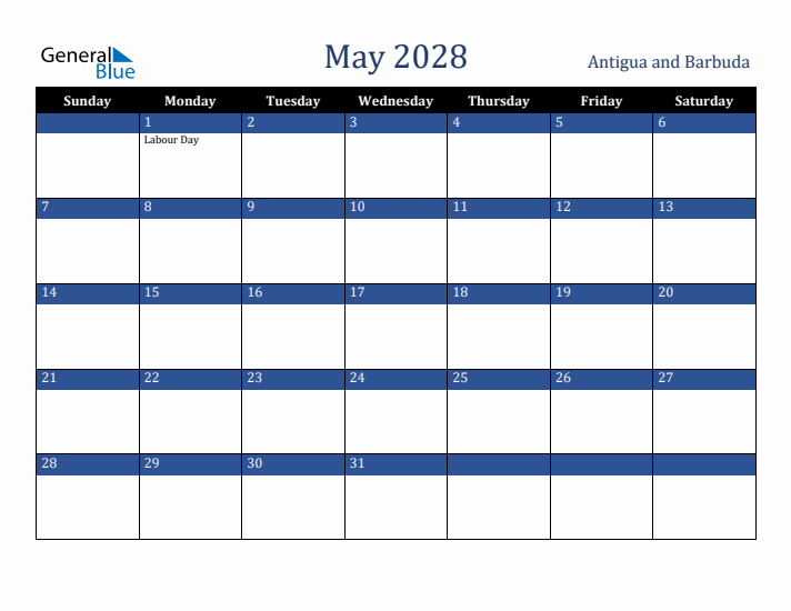 May 2028 Antigua and Barbuda Calendar (Sunday Start)