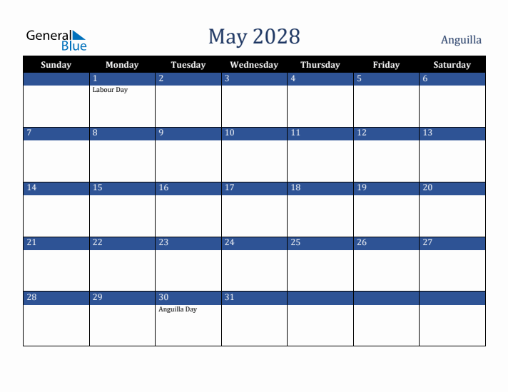 May 2028 Anguilla Calendar (Sunday Start)
