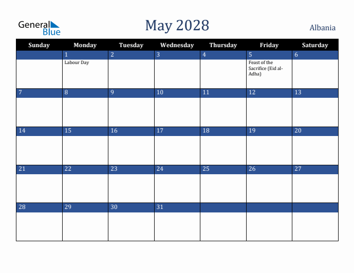 May 2028 Albania Calendar (Sunday Start)