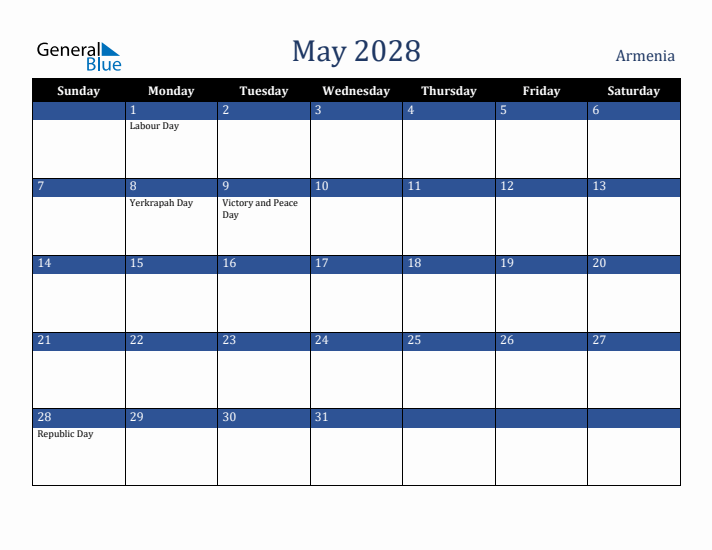 May 2028 Armenia Calendar (Sunday Start)