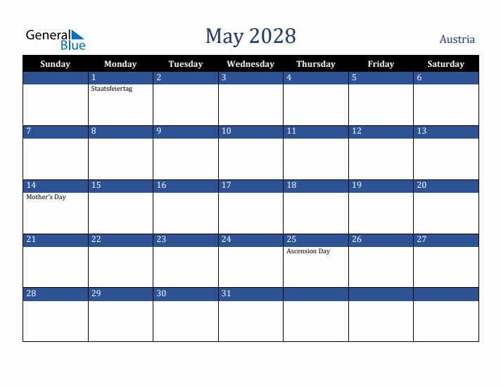 May 2028 Austria Calendar (Sunday Start)